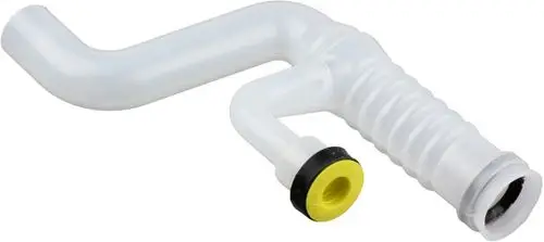 Transparente Kunststoffrohr mit gebogenem Ende und gelber Dichtung. Das Produkt stammt von Bosch und wird häufig in Haushaltsgeräten für die Kondensatabführung verwendet.